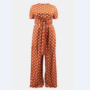 Plus Size Polka Dot Round Neck Top and Wide Leg Pants Set
